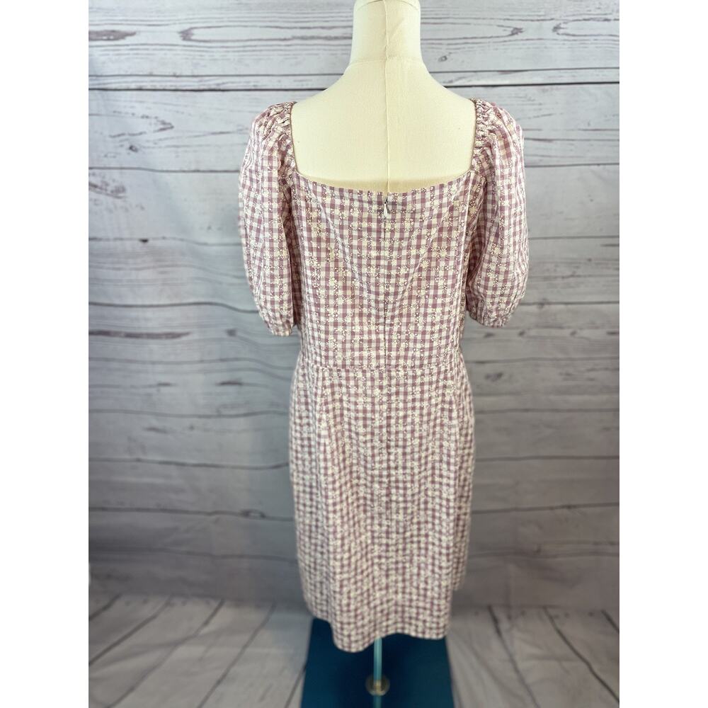 LOFT Outlet Floral Gingham Dress Size 14 Mauve Cream Puff Sleeve Cottagecore - Picture 3 of 6